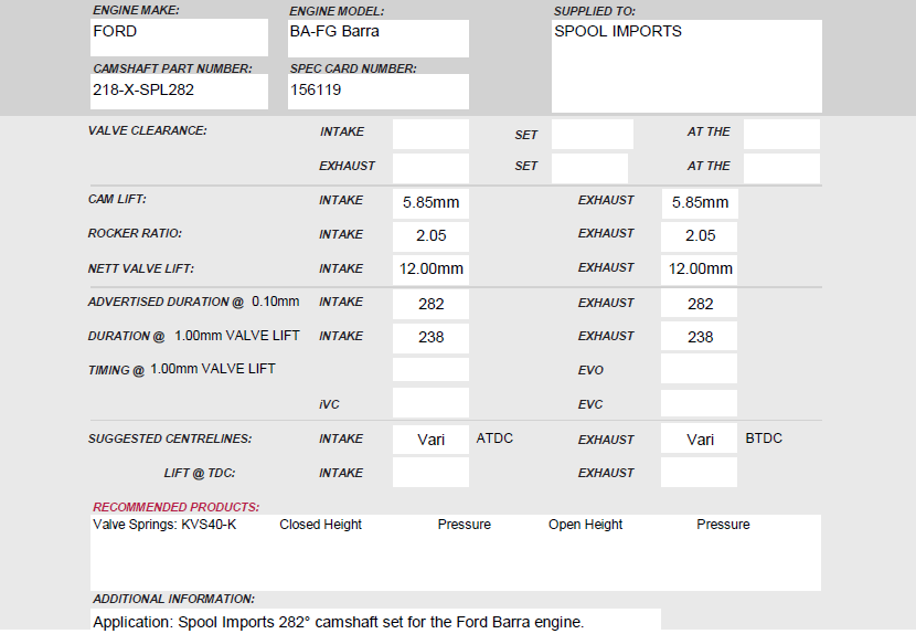 Kelford Ford BA-FG Six Cyl Performance Cam